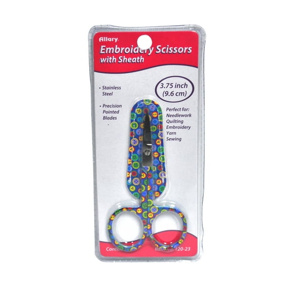 3-3/4 Inch Sewing Buttons Themed Embroidery Scissors in Leather Sheath