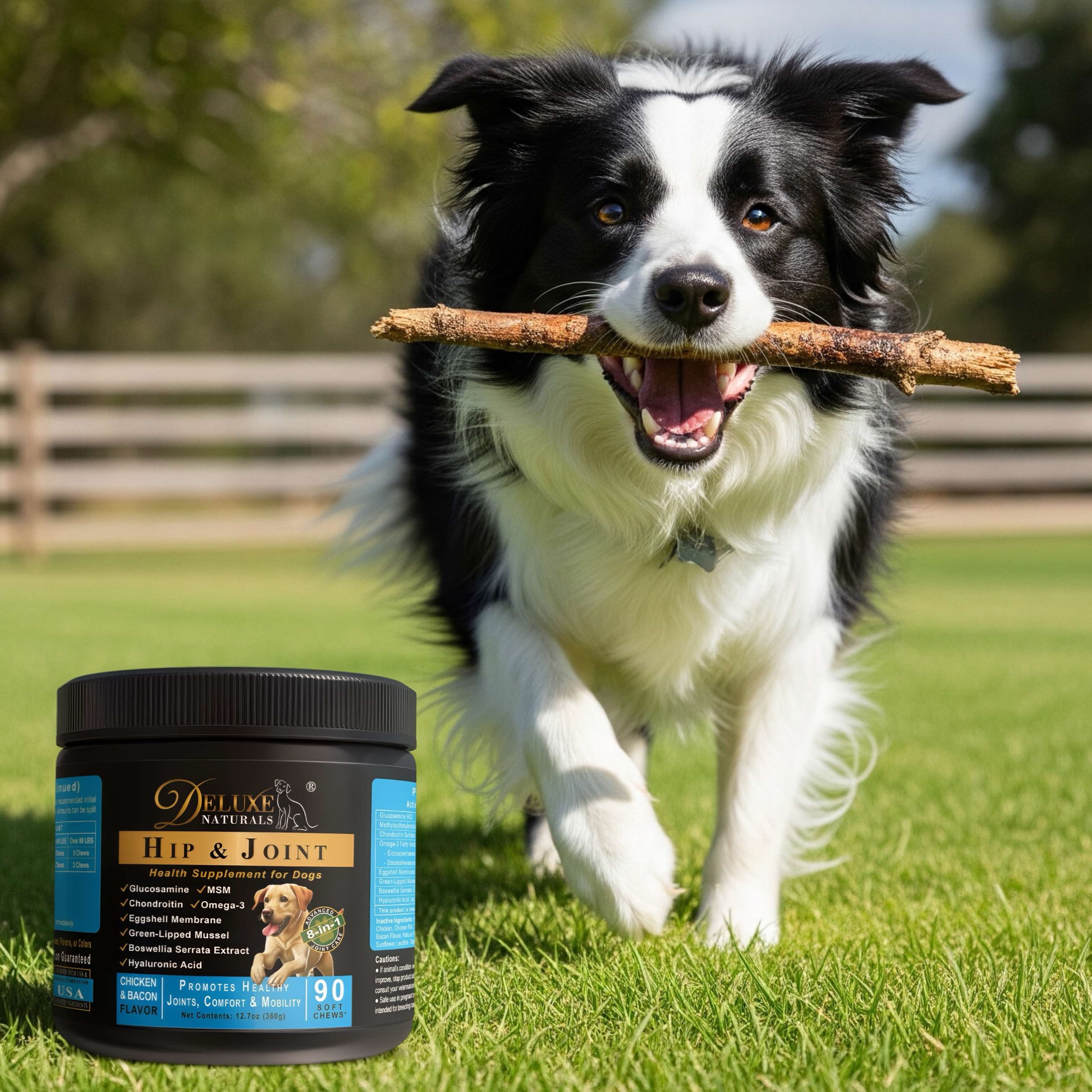 Deluxe Naturals Hip and Joint Glucosamine Supplement Soft Chews for Dog, Chicken and Bacon Flavor, 90 Count Jar