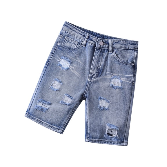 YunPes Girls Ripped Jean Shorts with Pockets Casual High Waisted Straight Leg Denim Jorts Kids Button Zipper Slim Fit Denim Shorts