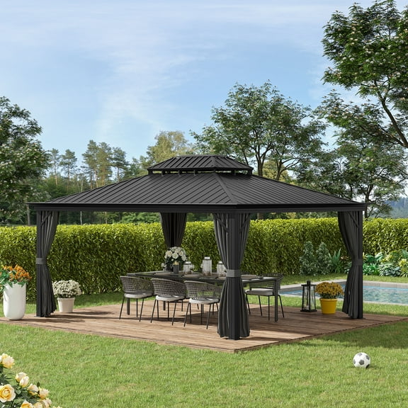 Outsunny Patio Gazebo 15.9' x 12', Netting & Curtains, 2 Tier Double Vented Steel Roof, Hardtop, Ceiling Hooks, Rust Proof Aluminum, Gray
