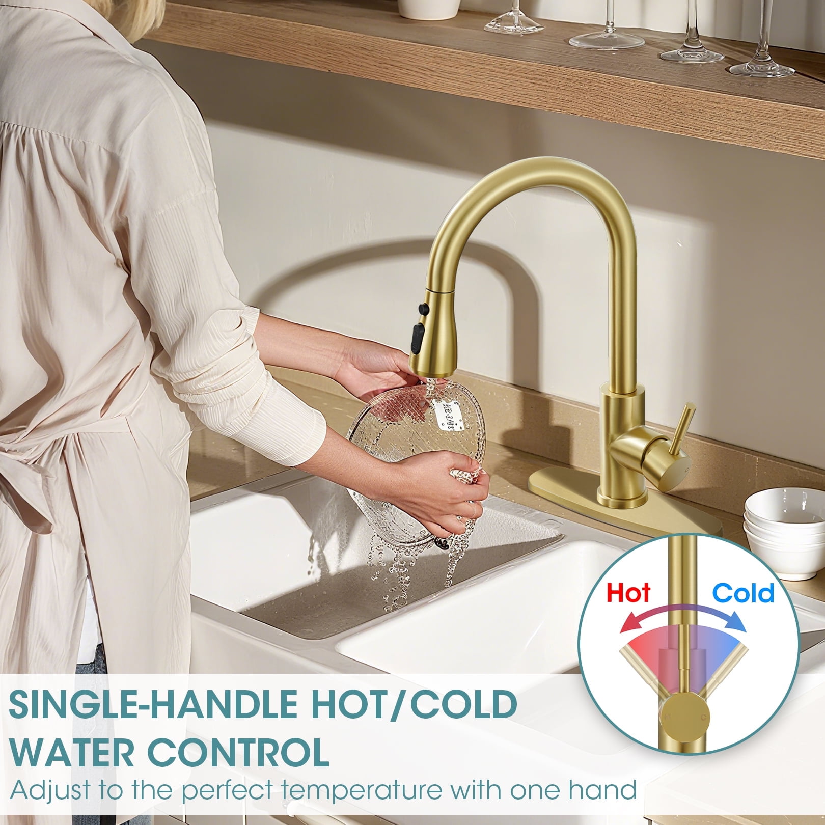 Wowkk Sanitary Ware Kitchen Sink Faucet with Pull Down Sprayer, Single Handle SUS304 Stainless Steel Kitchen Faucets with Deck Plate to Cover 1 or 3 Holes for Bar, Laundry, Brushed Gold
