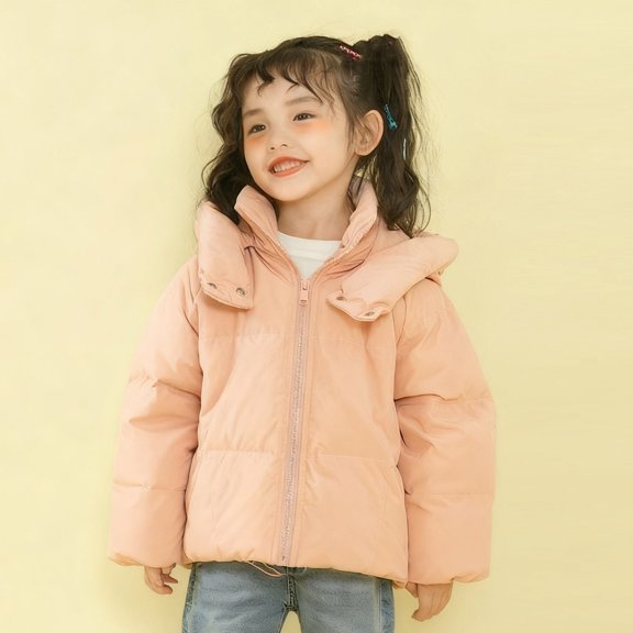 FSYBOA Girls Puffer Jacket Size 10T, Short Solid Color Cotton Hooded Kids Long Sleeve Outerwear Pink