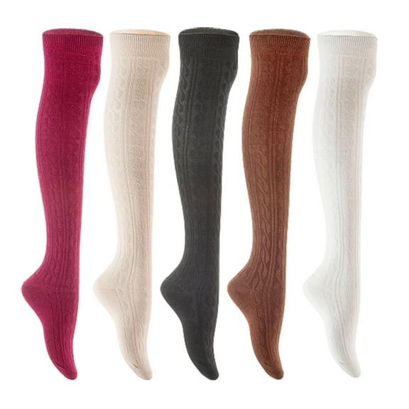 Lian LifeStyle Women's 5 Pair Adorable Comfortable Soft Thigh High Over Knee High Cotton Socks Size 6-9 L1024 Wine,Cream,Black,Coffee,White