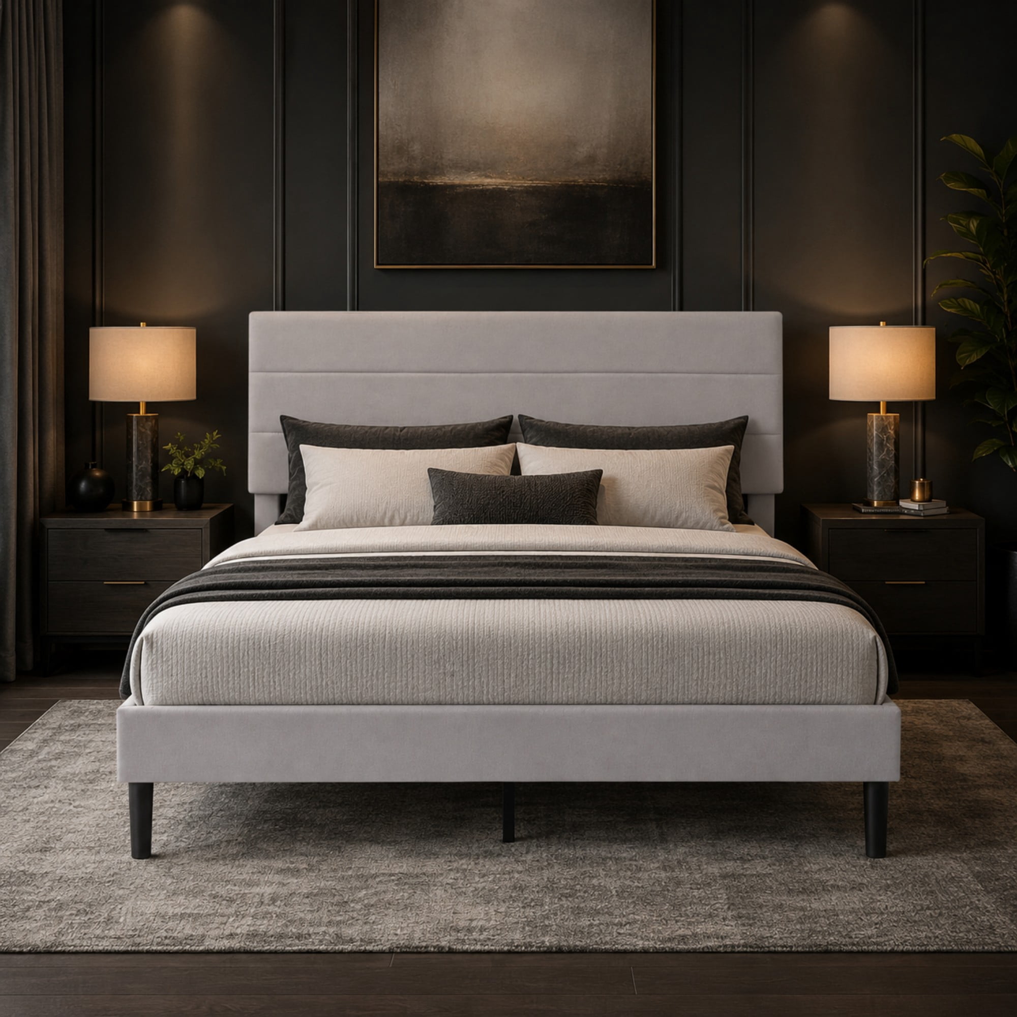 BSHTI Full Size Linen Blend Upholstered Platform Bed Frame with Soft Headboard, Wood Slats, No Box Spring Needed for Bedroom（Light Grey）