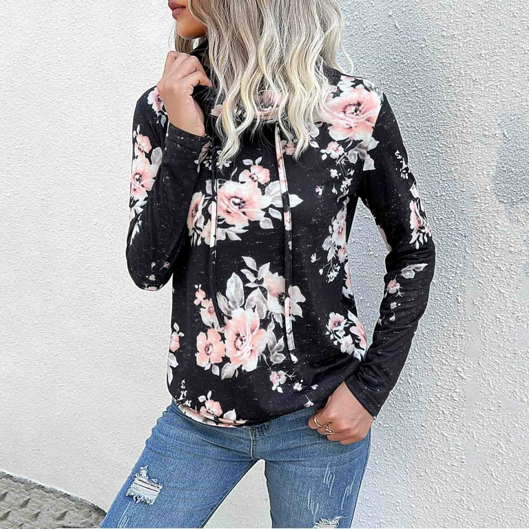 XFLWAM Womens Cowl Neck Tunic Tops Long Sleeve Floral Print Pullovers  Casual Drawstring Sweatshirts Black S 