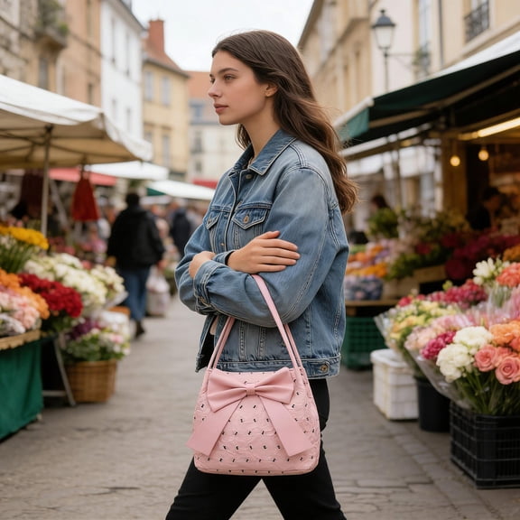 CaiYueKe Large Tote Bag for Women Stylish Shoulder Bag Commuter Purse with Bow Design Lightweight Nylon Handbag Spacious Work Bag Travel Tote Casual Everyday Carryall