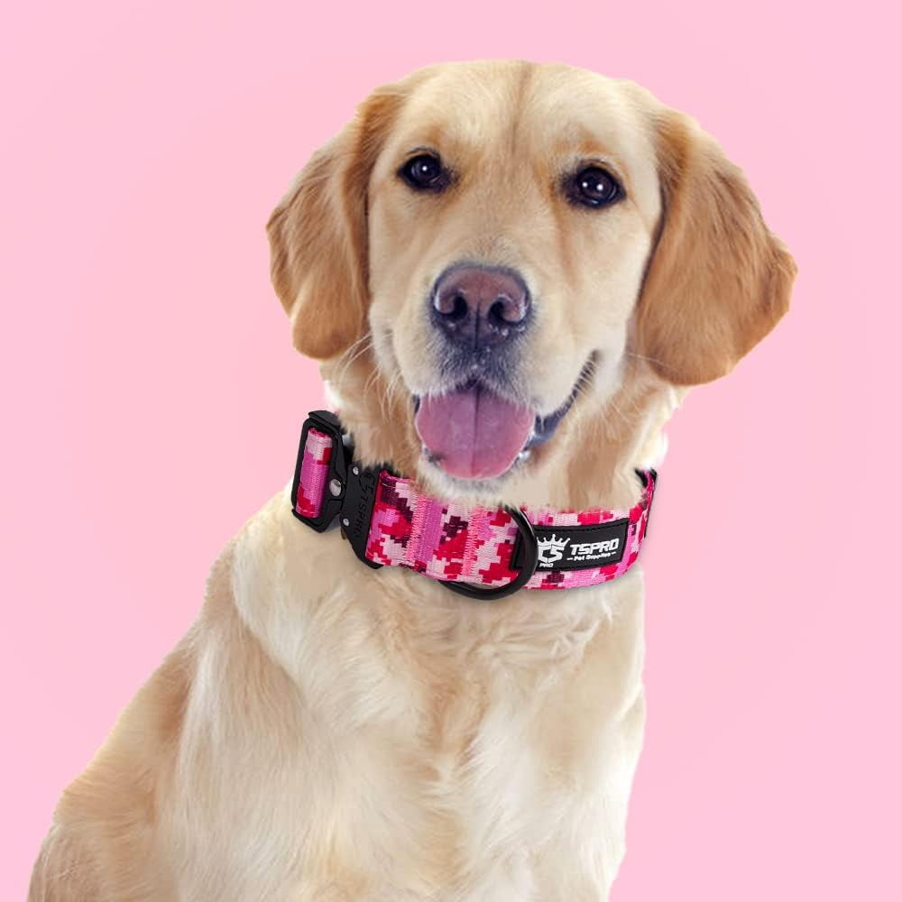 TSPRO Premium Camo Dog Collar with USA Flag Patch Thick Dog Collar Adjustable Dog Collar Heavy Duty Quick-Release Metal Buckle Dog Collar for Small or Medium to Extra Large Dogs(Camo Pink-L)