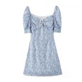 thumbnail image 2 of VISgogo Mini vestido ajustado para mujer, manga corta abullonada, estampado floral, con lazo en la parte delantera, vestido fruncido VISgogo  moda, 2 of 8