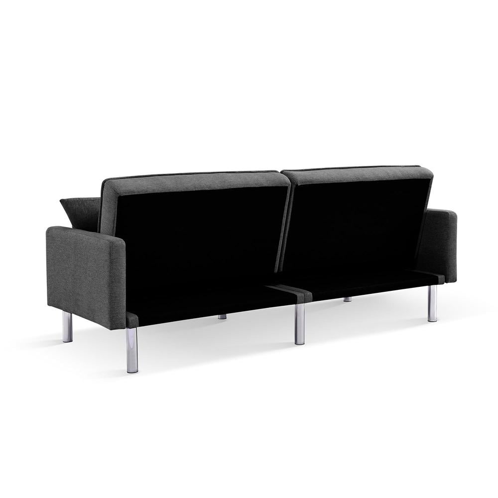 Tufted Futon Convertible Sofa Sleeper with Two Throw Pillows in Dark Grey Velvet