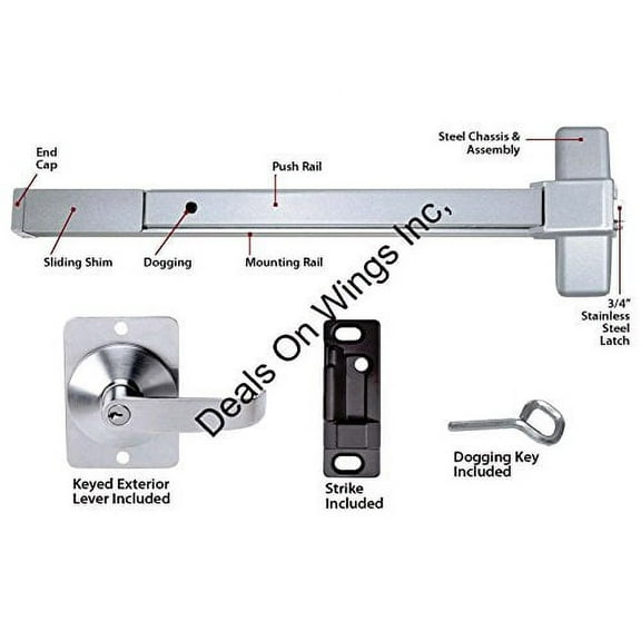 Push Bar Panic Exit Device, Aluminum, with Exterior Lever