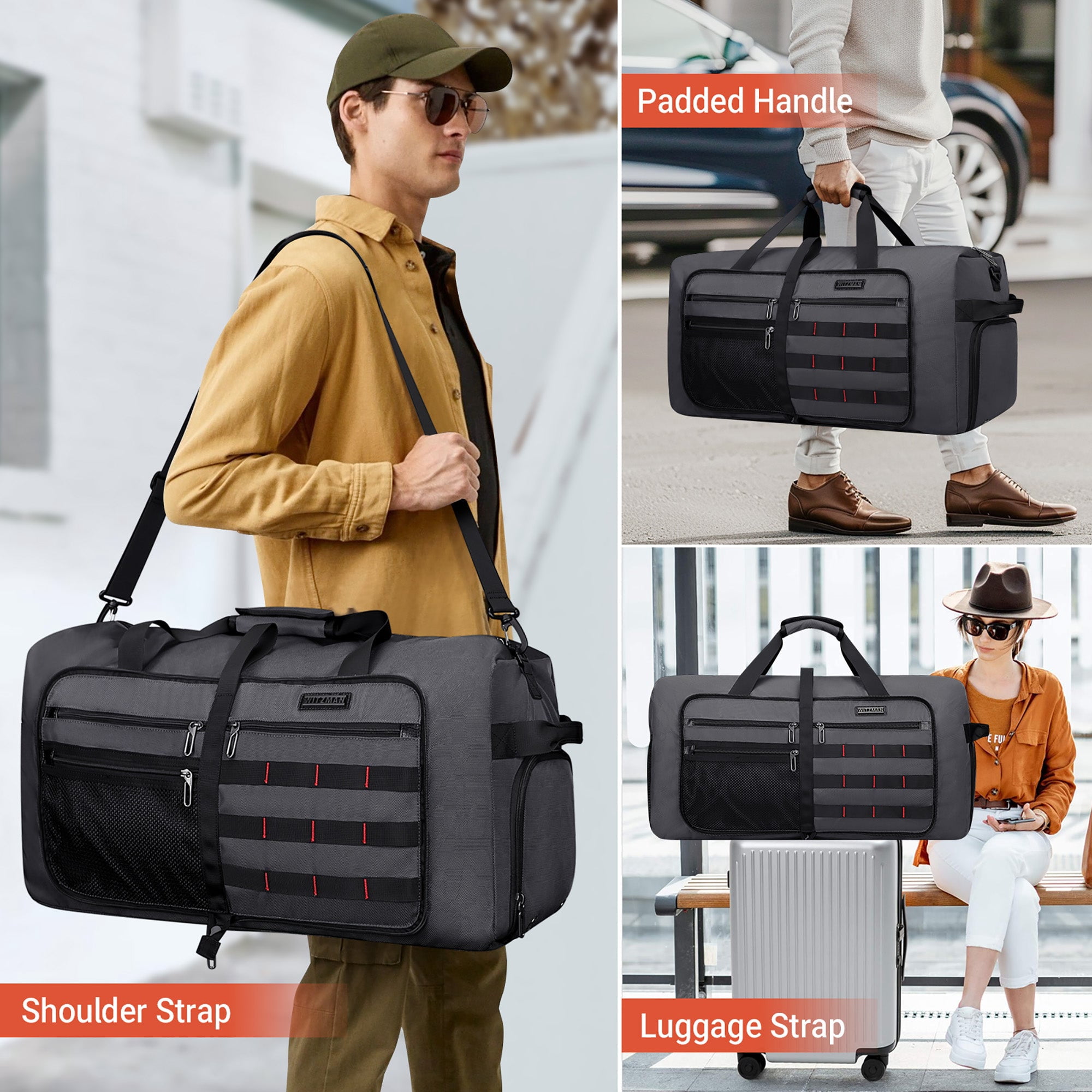 WITZMAN Foldable Duffle Bag for Travel 65L Lightweight Packable Duffel Bag with Shoes Compartment Overnight Bag for Men Women (B697 Silvery Grey)