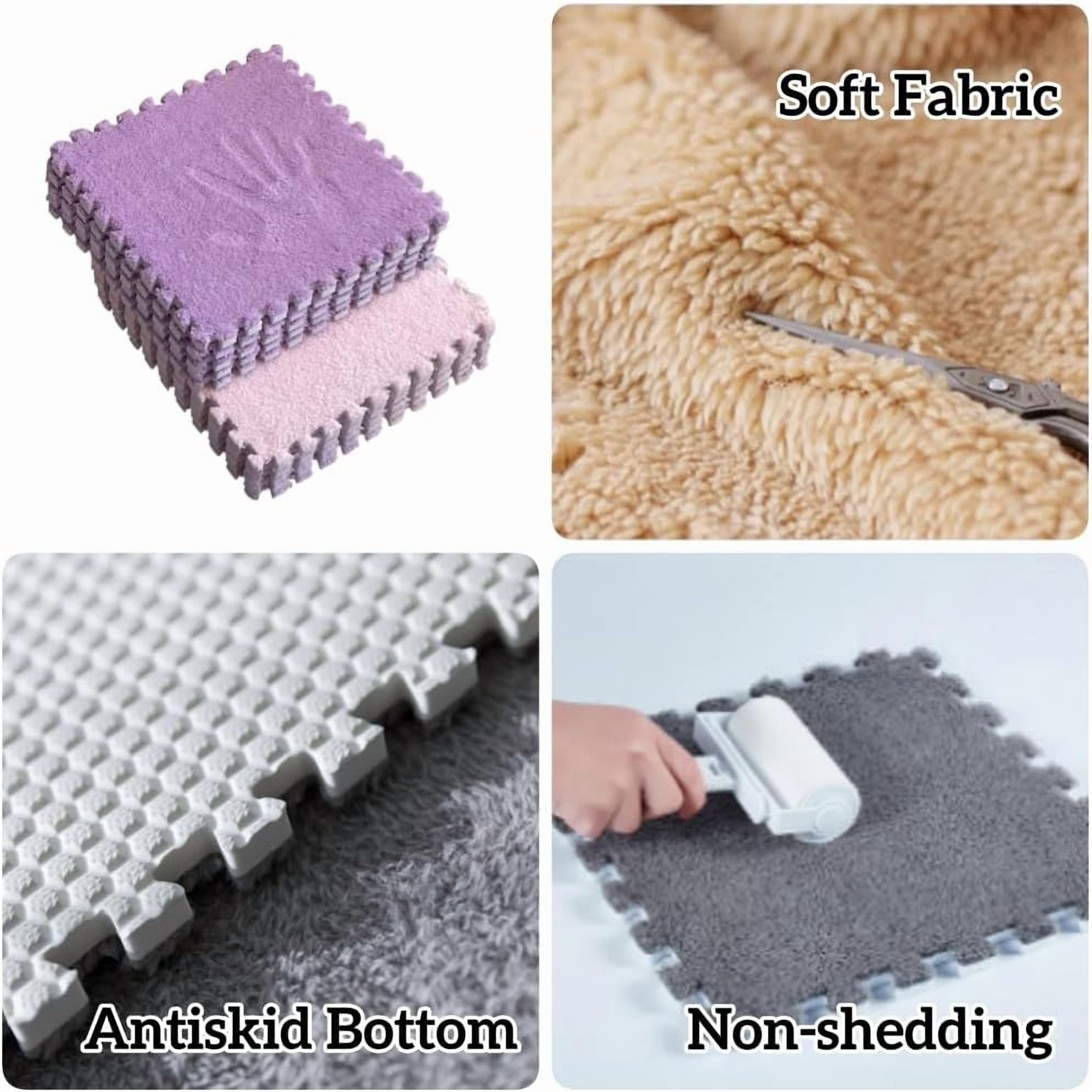 10PCS Fluffy Plush Interlocking Foam Mat Tiles, 12"x12" Thick Padded Playroom Carpet with Border, Play Mat Floor Tiles Thick Padded Squares Foam Tiles for Decor