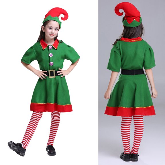 Elf Outfit Toddler Boy Short Sleeve Girls Christmas Dresses with Hat Sets Toddler Christmas Outfits for Girls Party Dress Up 2-3 Years