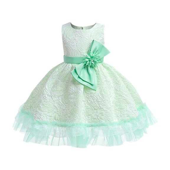 PINQI Toddler Kids Girls Sleeveless Floral Mesh Tutu Princess Dress Prom Party Dress O Neck Tulle Bow Mini Dress 3 To 10 Years Christmas Party Dress Winter Outfits(Green,5-6 Years)