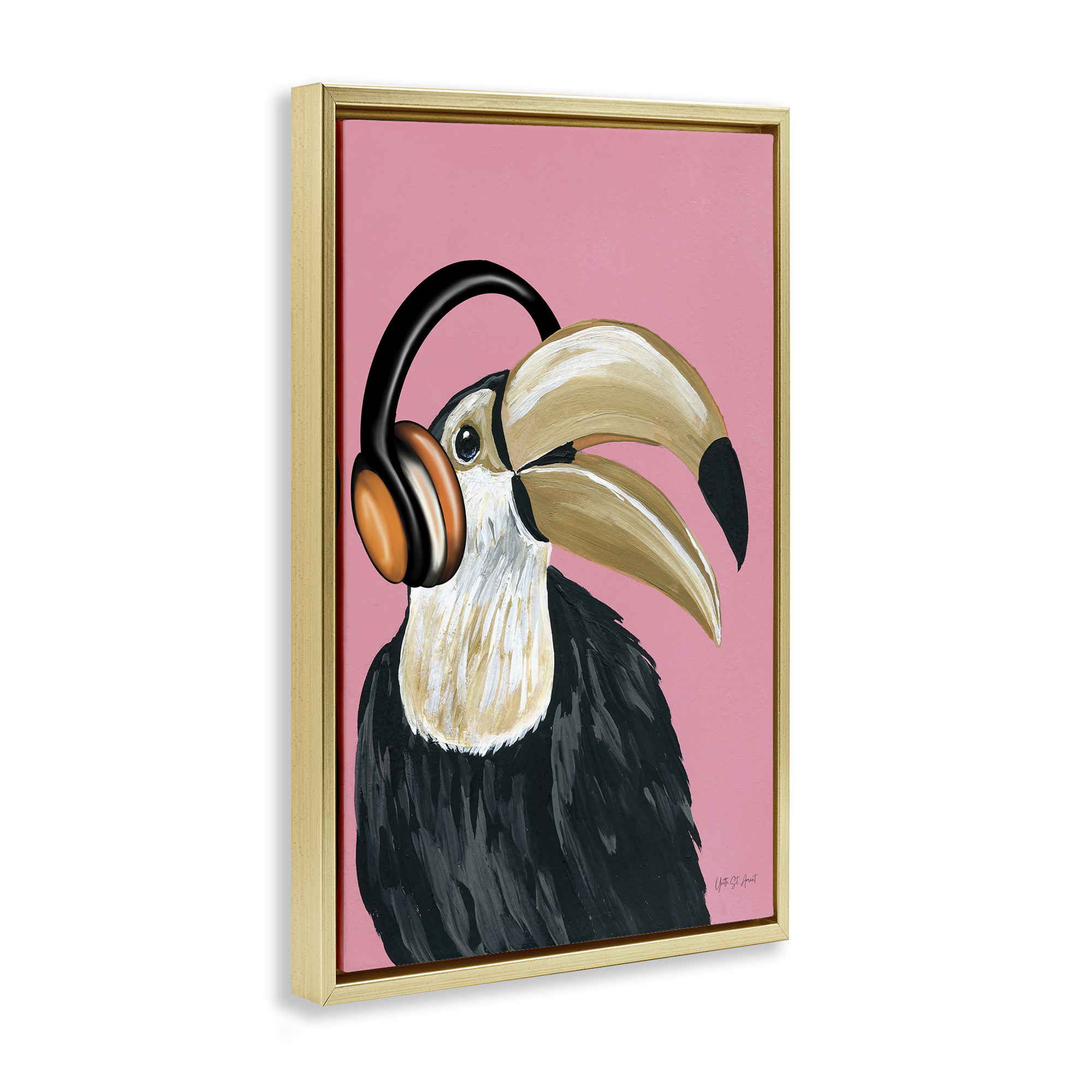 Stupell Industries Toucan & Music Headphones Animals & Insects Painting Gold Floater Framed Art Print Wall Art, 21 x 31