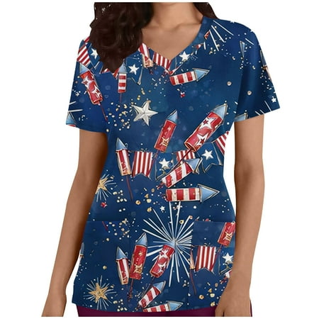 

Womens Stretch Scrubs Tops V Neck American Flag Stars Stripes Print Patriotic Shirt Breathable Comfy Nursing Scrubs with Pocket