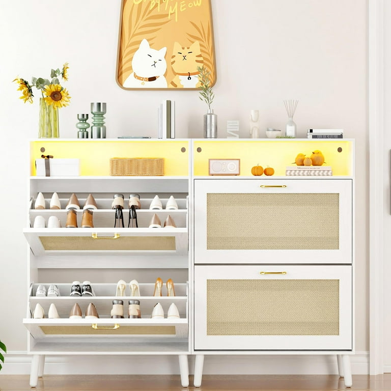 UHOMEPRO Shoe Cabinet with Rattan Flip Drawers LED Strip, White