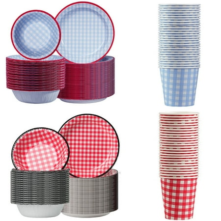 Verdelife Disposable Tableware Set Paper Bowls Plate Cup Plaid Red & Blue, Classics Microwave Safe, Compostable