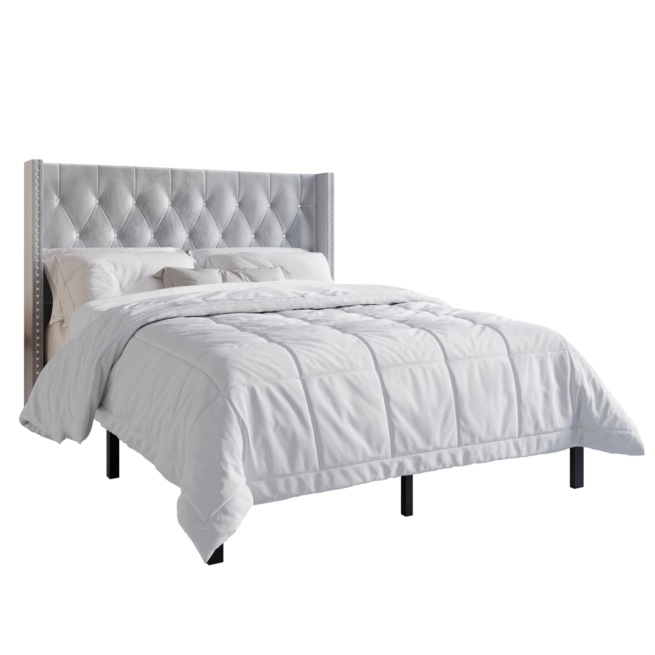 Castle Place Button Tufted Wingback Velvet Upholstered Bed with 2 Nightstands, Silver Grey, Full