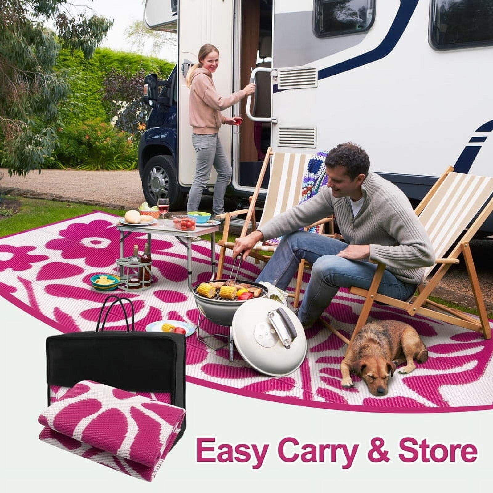 Wonnitar 5x8 Waterproof Outdoor Rugs, Plastic Straw RV Rug for Outside, Portable RV Outdoor Rugs for Camping, Pink Floral Picnic Carpet for Patio Garden