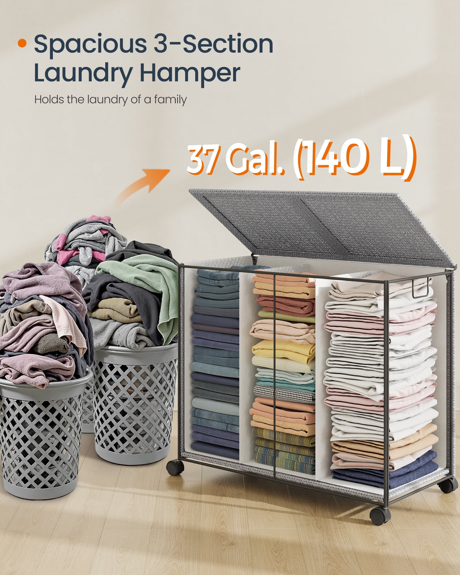 Dove Gray & Matte White Laundry Hamper - 3 - Compartment, 37 Gal Laundry Sorter on Wheels. Comes with Lid, Removable Liners with Handles