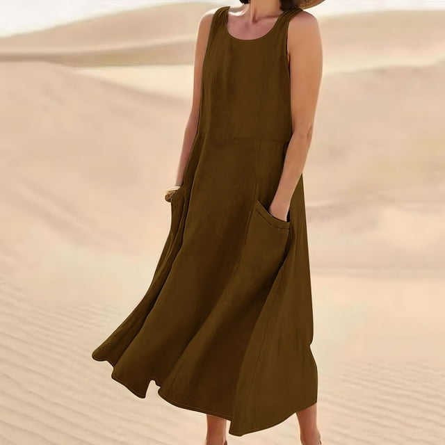 EQWLJWE Économies d'Été! Robes d'Été pour Femmes 2024 Décontractées Tendance, Robes pour Femmes Grande Taille en Liquidation, Robe Longue Sans Manches en Coton et Lin Col Rond Couleur Unie avec Poche