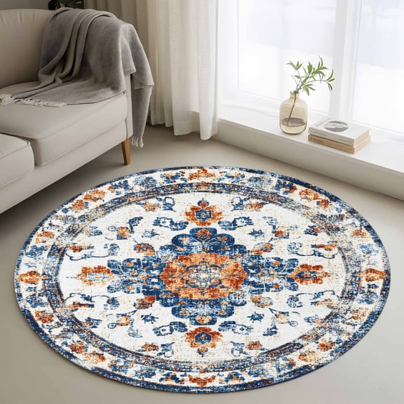 Round Rugs 3.3Ft, Boho Orange Blue Round Area Rug Washable Indoor Throw Carpet, Vintage Geometric Southwestern Soft Non Slip Circle Rug for Laundry Room Patio Home Decor Aesthetic