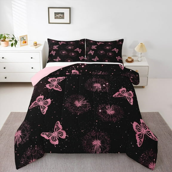 Manfei Pink Butterfly Print Bedding Comforter Set, Romantic Dandelion Flower Twin Comforter Sets, Vintage French Style Reversible Bedding Set, Ultra Soft Home Decor, 2pcs