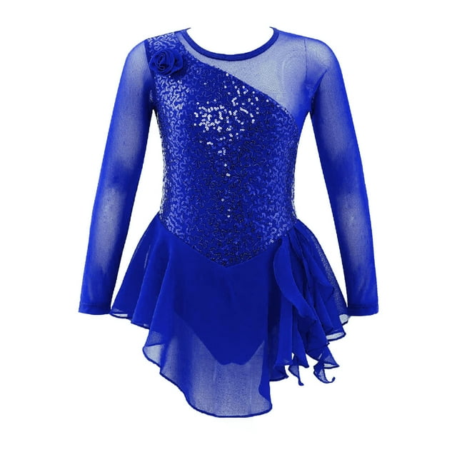 Freebily Robe de Patinage Artistique pour Filles, Sequins, Fleurs, Robe de Danse Ballet, Justaucorps, Manches Longues, Danse Lyrique, Bleu Royal 10