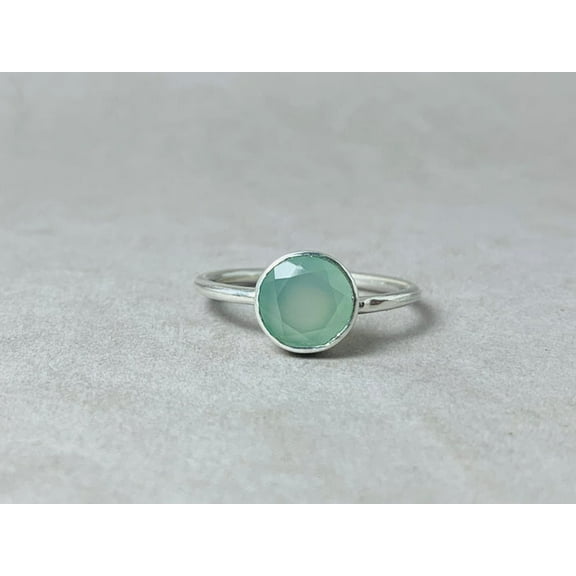 Heaven Crafts 925 Sterling Silver Faceted Aqua Chalcedony Ring Handmade Stackable Ring For Women