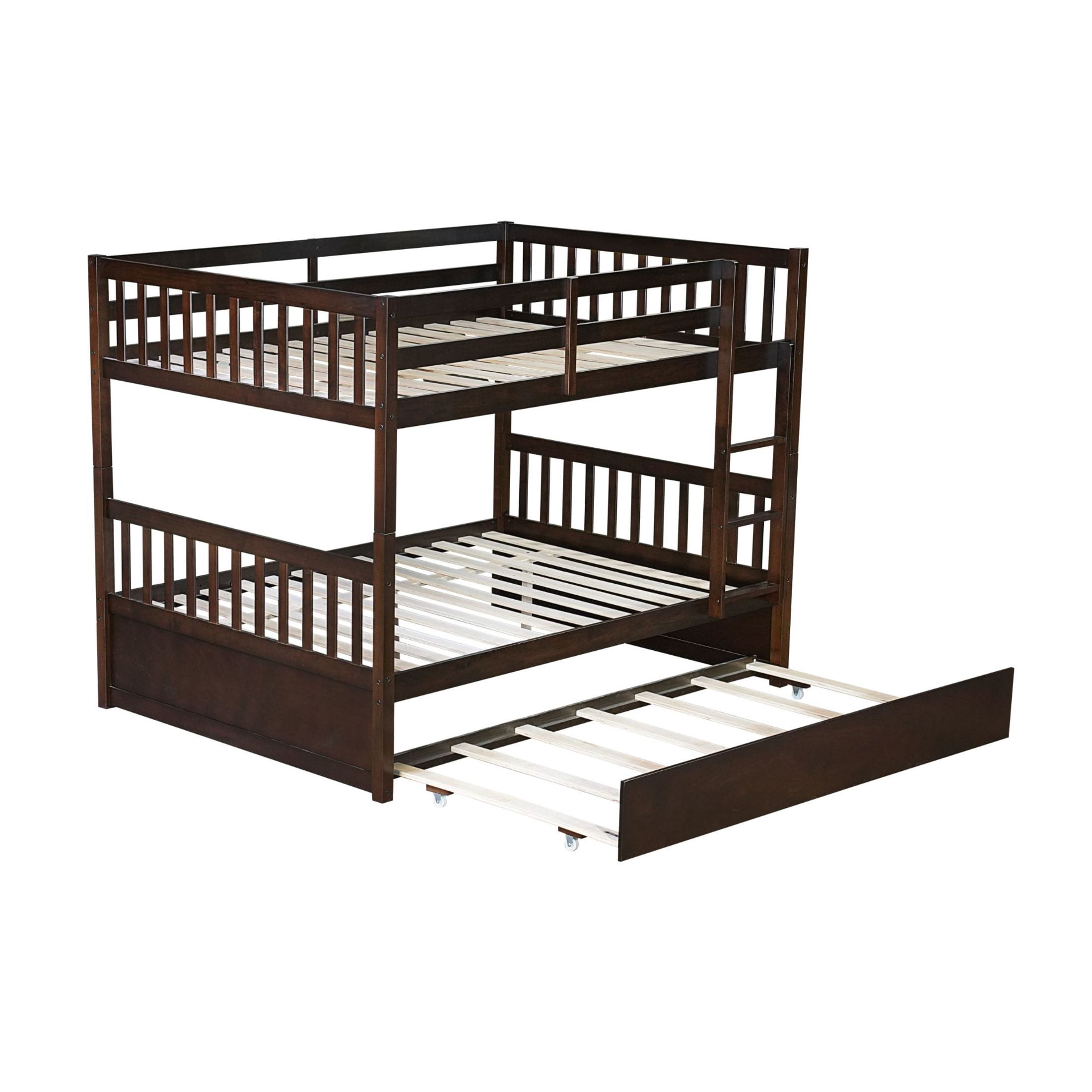 Noble House Full Over Full Rubber Wood Bunk Bed, Convertible Design with Ladder, Guardrails & Twin Trundle, Espresso