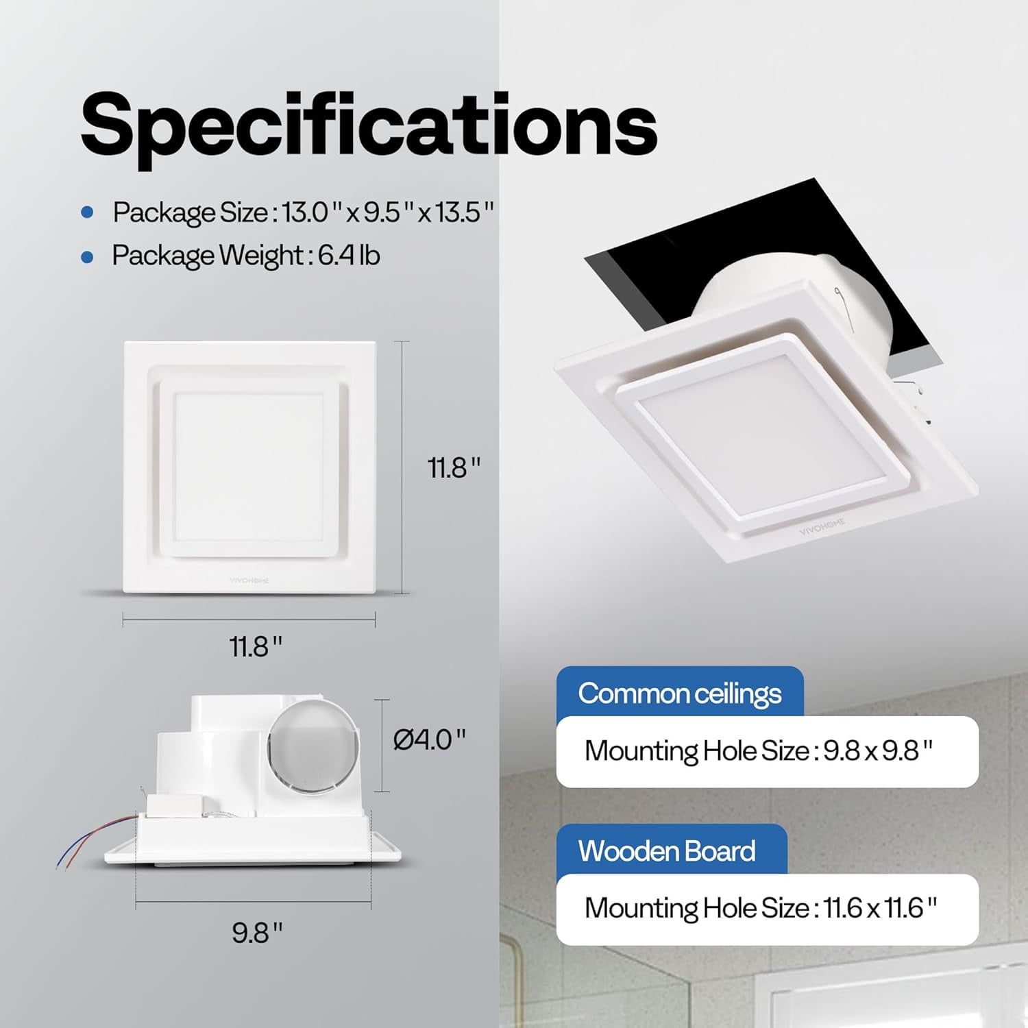 SPECSTAR Bathroom Exhaust Fan with Light, 165CFM Shower Ventilation Exhaust Fan with Adjustable 3000K/4500K/6500K LED Light Combo, Ceiling Mount w/ 4" Duct Hose 2.5 Sones Square Fan, 3 Color Light