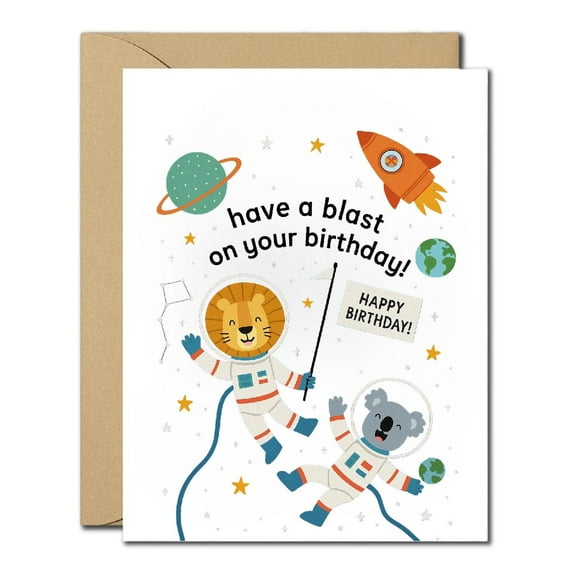 Cute Space Birthday Card - Have a Blast on Your Birthday, Animal Astronauts Party Card, Fun Outer Space Greeting for Kids, Friends, Family, Blank Inside