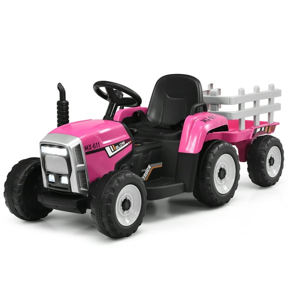 Costway 12V Kids Ride On Tractor with Trailer Ground Loader w/ RC & Lights Pink