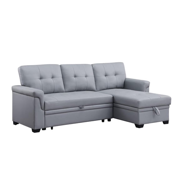 Lucca 84" Gray Vegan Faux Leather Reversible Sleeper Sofa with Storage Chaise