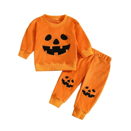 

Lamuusaa Toddler Baby Two Piece Outfit Halloween Clothes Pumpkin Print Sweatshirt and Elastic Pants Set for Infant Girls Boy