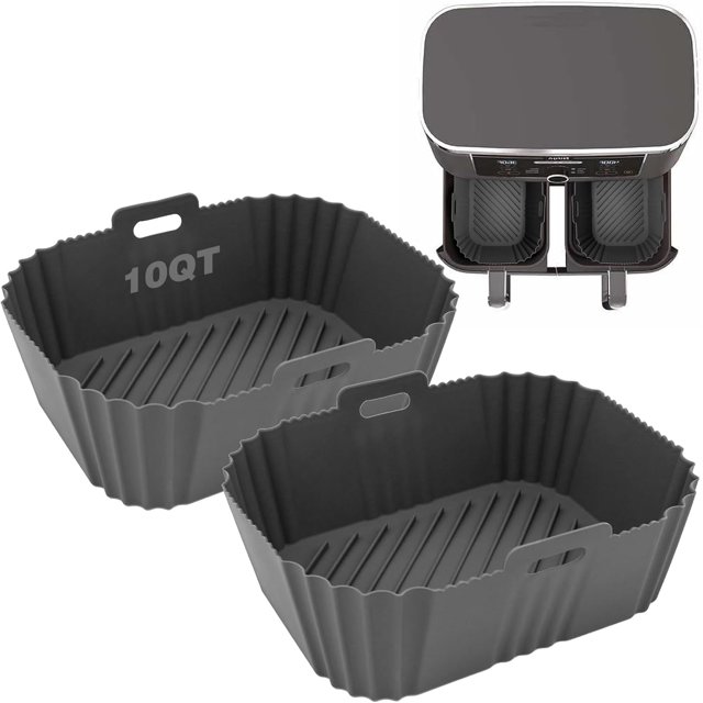 Wellavich Grande Friteuse à Air Chaud Doublure en Silicone pour Friteuse à Air 8-10QT Double Panier, Friteuse à Air Antiadhésive, Friteuse à Air Rectangulaire Panier en Silicone, Accessoires Réutilisables pour Friteuse à Air, 2 Pcs Poêle à Frire