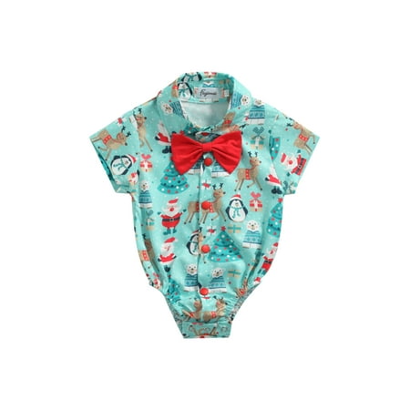 

Spring hue Christmas Newborn Baby Boy Gentleman Suit Short Sleeve Santan Cluas Bow Tie Bodysuit Romper Xmas Clothes