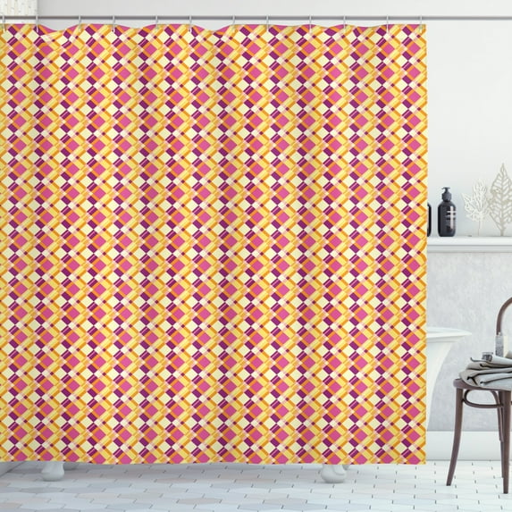 Plaid Shower Curtain, Retro Style Traditional Geometric Scotch Diagonal Pattern Illustration, Fabric Bathroom Set with Hooks, 69W X 84L Inches Extra Long, Yellow Orange Pink Purple, by Ambesonne