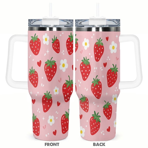 40oz Cute Strawberry Floral Tumbler with Handle Stainless Steel Insulated Travel Coffee Cup Gift