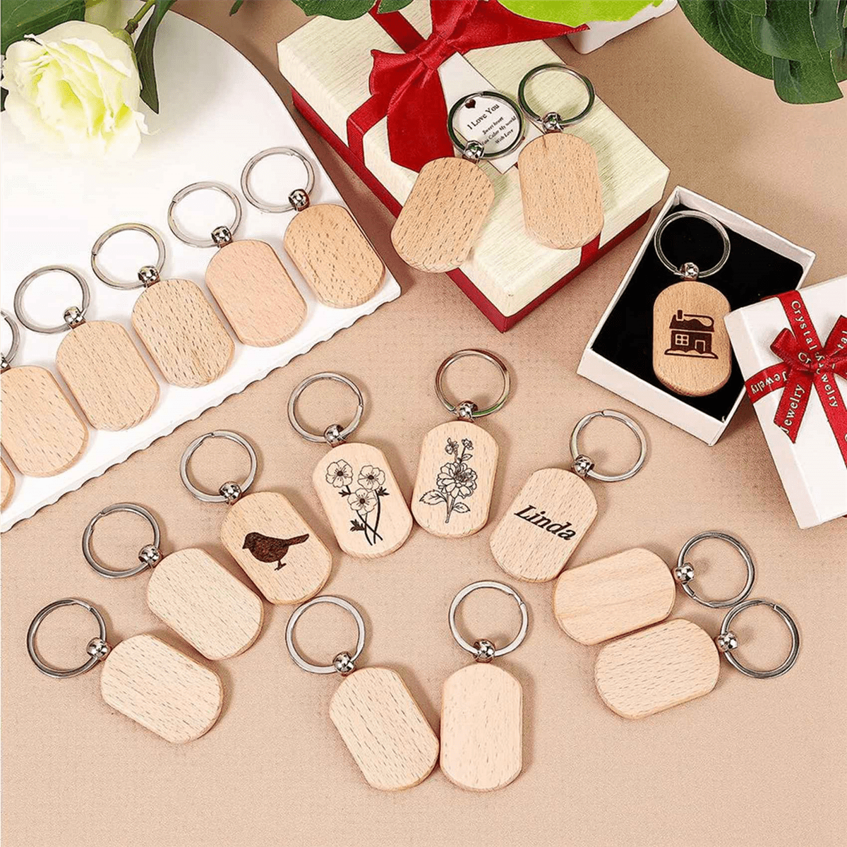 330PCS Wood Keychain Blanks, Unfinished Wood Key Tag, Wood Engraving Blanks Key Chain for DIY Crafts-Rounded Square