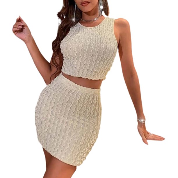 SAYOO Traje de verano de dos piezas para mujeres, chaleco de costura + vestido de cintura alta SAYOO moda