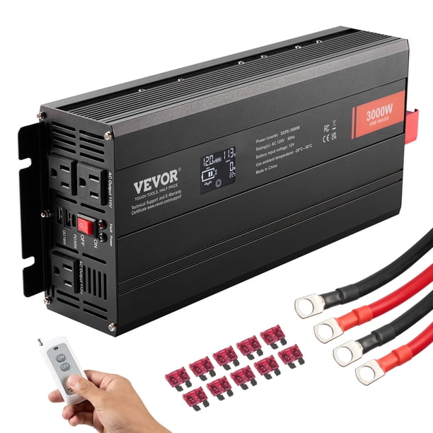 VEVOR Inversor de onda sinusoidal pura, 3000 vatios, inversor de corriente CC 12 V a CA 120 V con 2 salidas CA 2 puertos USB 1 puerto tipo C, pantalla LCD y control remoto para electrodomesticos