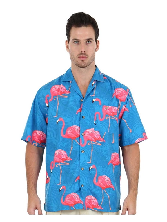 Mens Hawaiian Casual Button Down Short Sleeve Printed Beach Aloha Party Shirt, Blue with Flamingo, Size: Medium, Uzzi