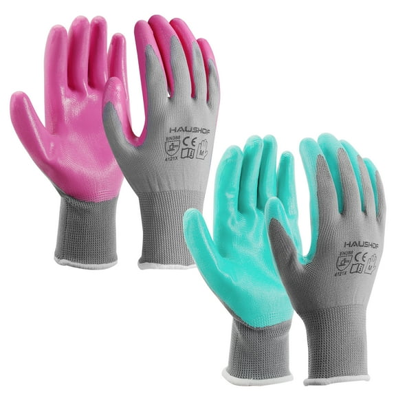 HAUSHOF 6 Pairs Garden Gloves for Women, Nitrile Coated Working Gloves, for Gardening, Restoration Work, Pink & Green, M