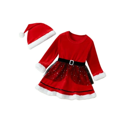

Gureui Kids Baby Girls Christmas Outfits Long Sleeve Round Neck Contrast Color Plush Trim Belted Dress + Santa Hat 2Pcs Clothes Set