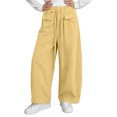 thumbnail image 3 of CQONEPT Girls' Cotton Pant with Pockets Wide Leg Baggy Fashion Pant Elastic Waist Solid Comfy School Trousers 2-14 Years Yellow 4-5 Years, 3 of 6
