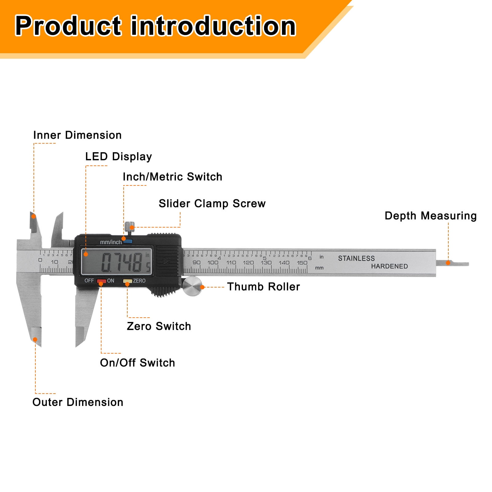 Uxcell Digital Caliper 150mm/0-6 Inch Large LCD Screen Measuring Tool