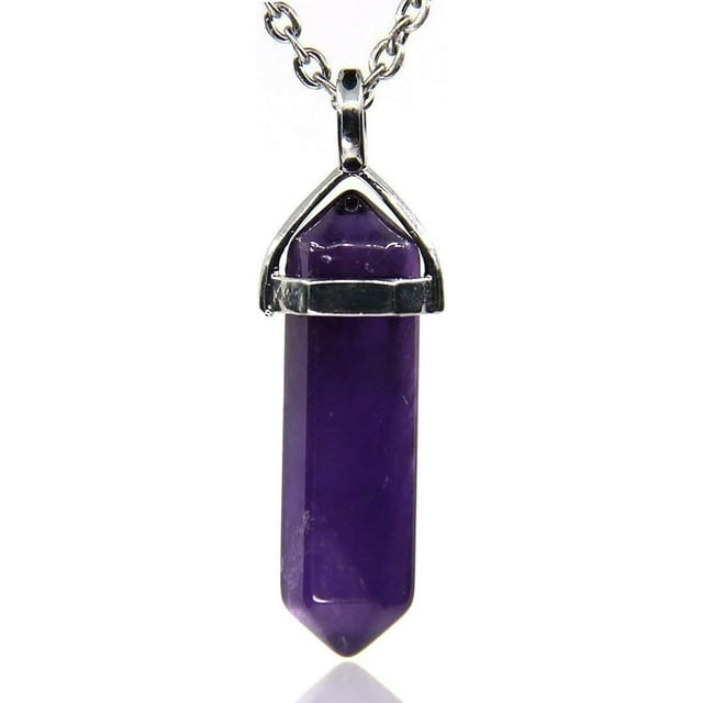 Natural Dark Amethyst Gemstone Hexagonal Pointed Reiki Chakra Pendant Necklace 20"