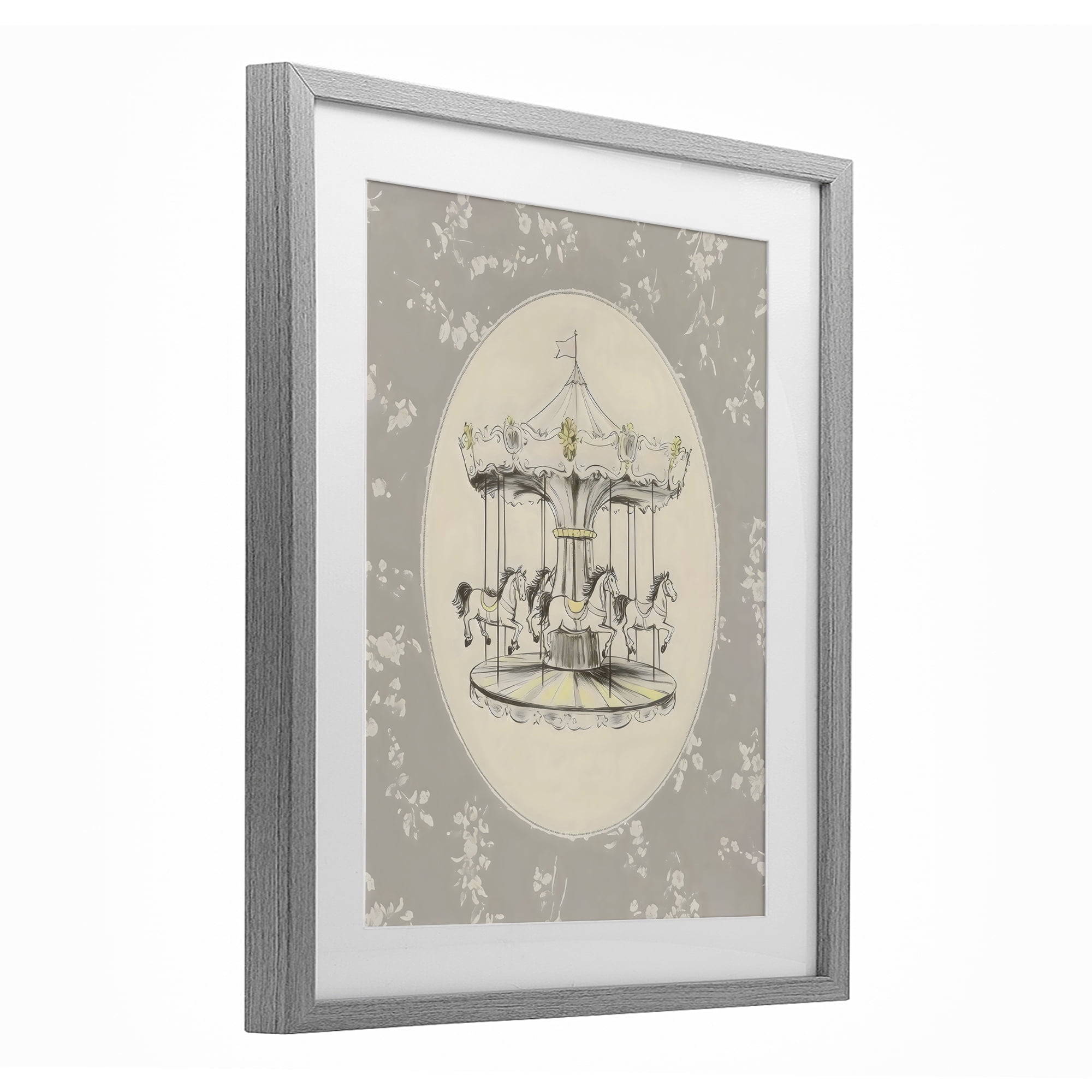 Stupell Industries Gentle Floral Carousel Gray Framed Print Under Glass, design by Arlington Prints